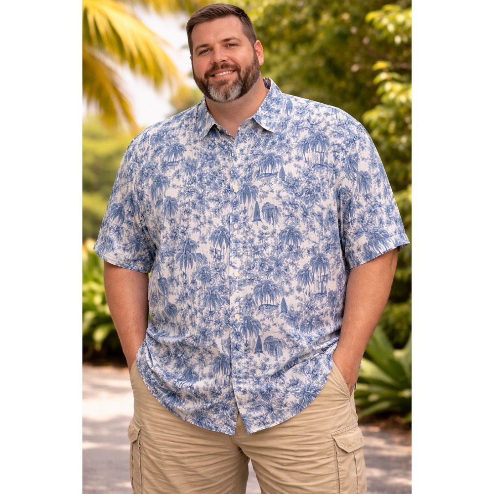Tommy Bahama Mens 3XL Silk Tropical Beach Hut Palm Tree Camp Shirt Blue White‎